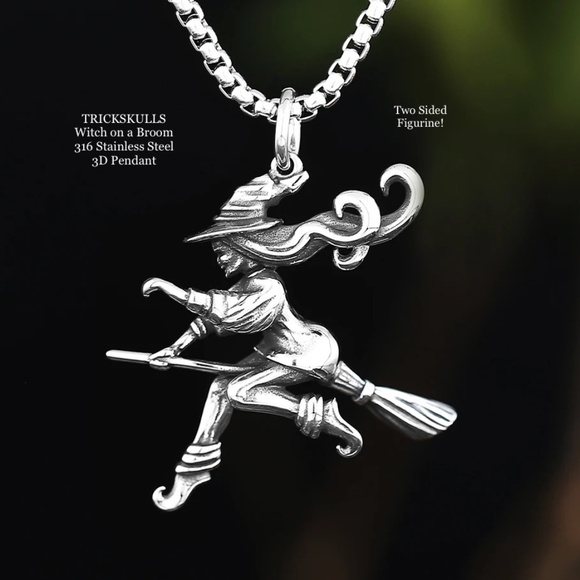 Witch on a Broom Wiccan 316 Stainless Steel 3D Two Sided + 60 cm Round Box Chain - Picture 5 of 8